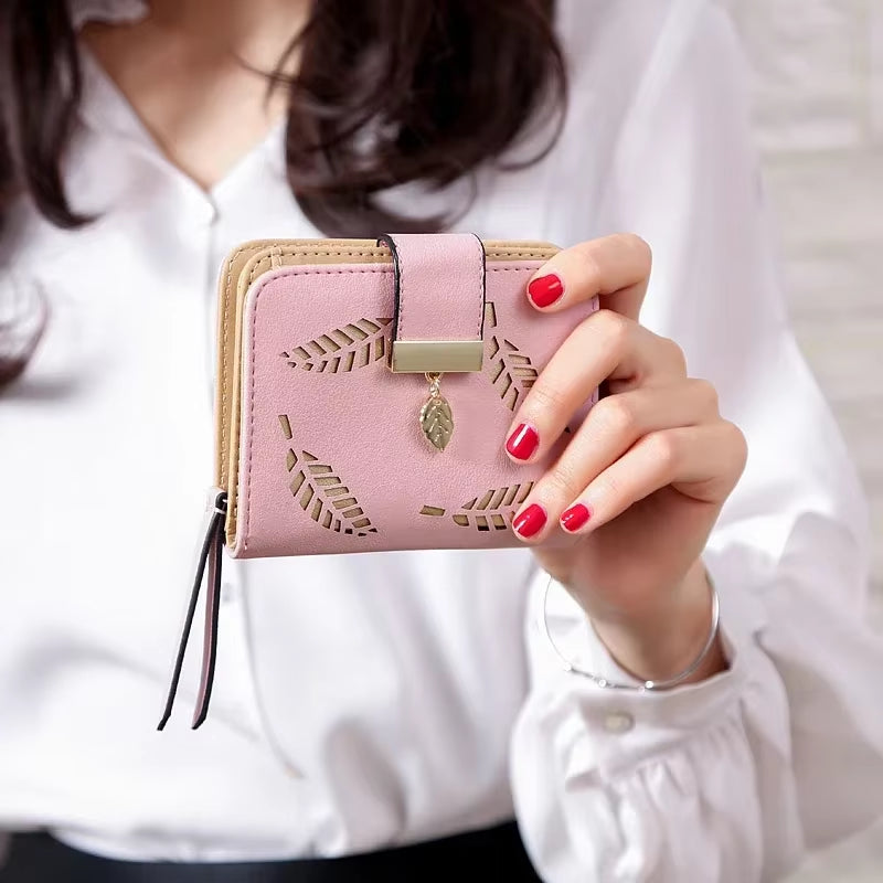 Fashion Women'S Purse Short Zipper Wallet Women Leather 2024 Luxury Brand Small Women Wallets Clutch Bag with Hollow Out Leaves