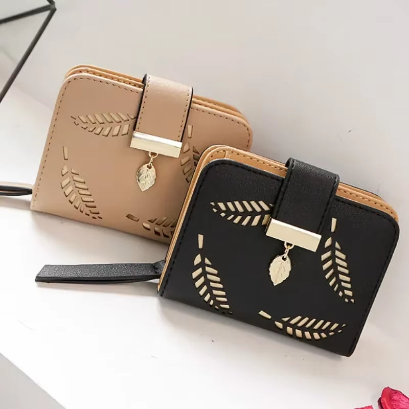 Fashion Women'S Purse Short Zipper Wallet Women Leather 2024 Luxury Brand Small Women Wallets Clutch Bag with Hollow Out Leaves