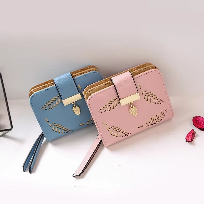 Fashion Women'S Purse Short Zipper Wallet Women Leather 2024 Luxury Brand Small Women Wallets Clutch Bag with Hollow Out Leaves