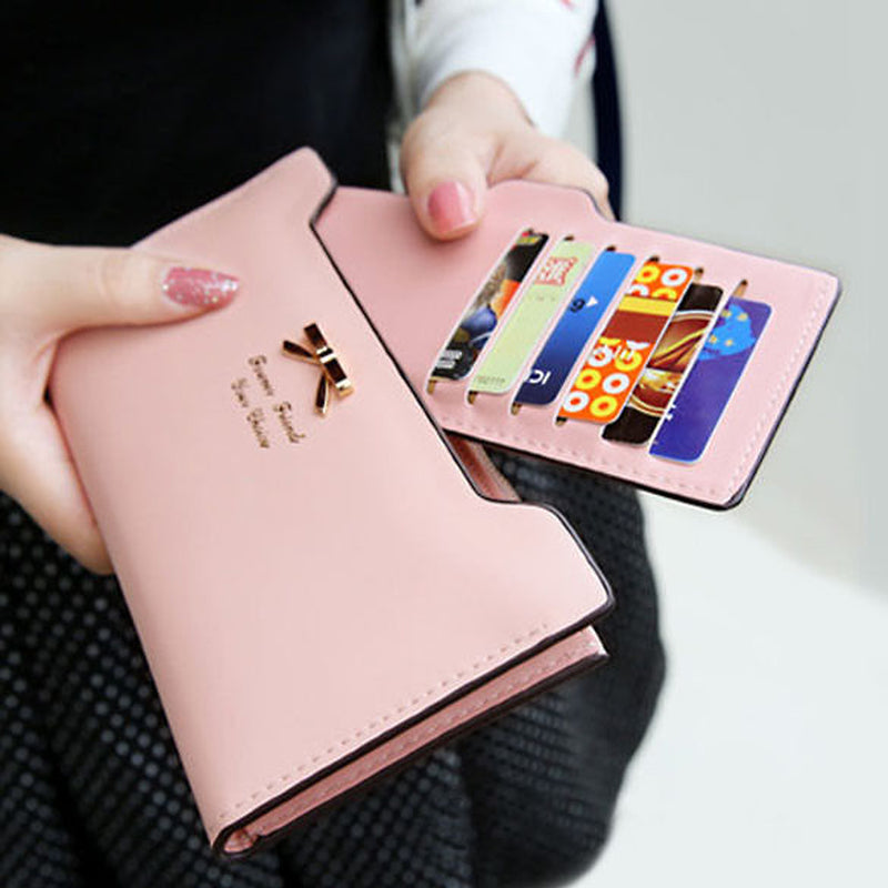 Women Long Leather Thin Wallet Cute Bow Purse Multi ID Credit Card Holder Gift