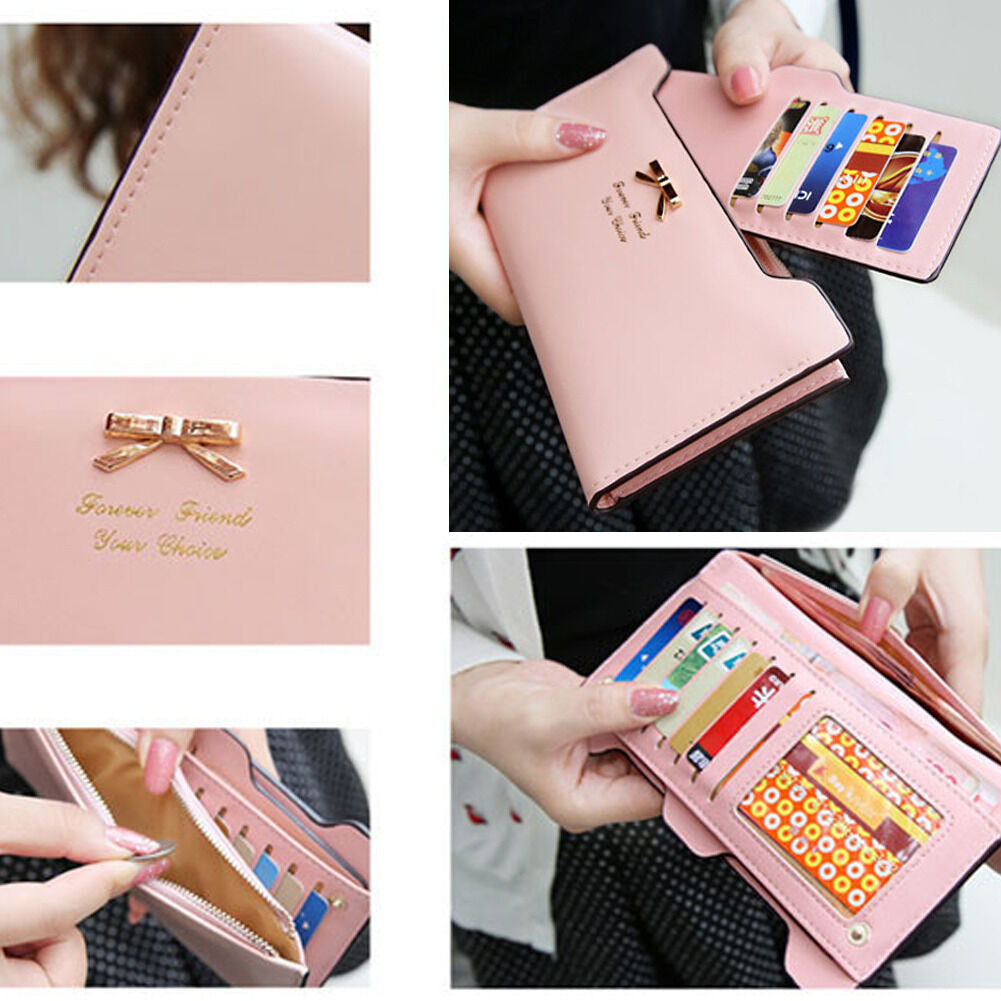 Women Long Leather Thin Wallet Cute Bow Purse Multi ID Credit Card Holder Gift