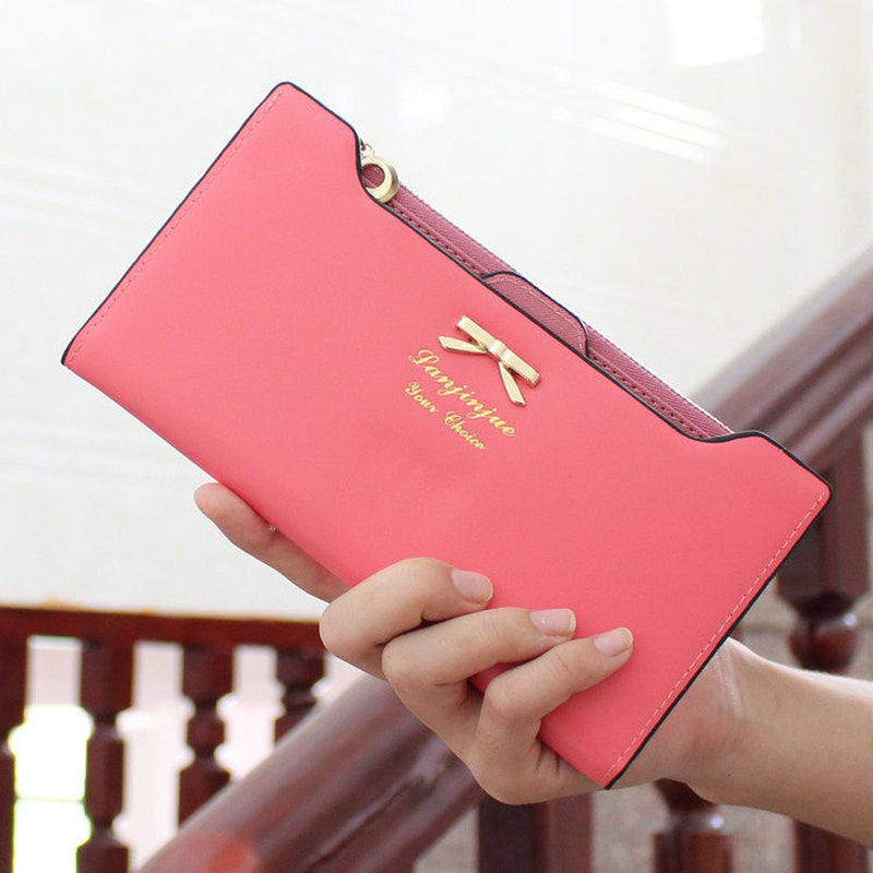 Women Long Leather Thin Wallet Cute Bow Purse Multi ID Credit Card Holder Gift