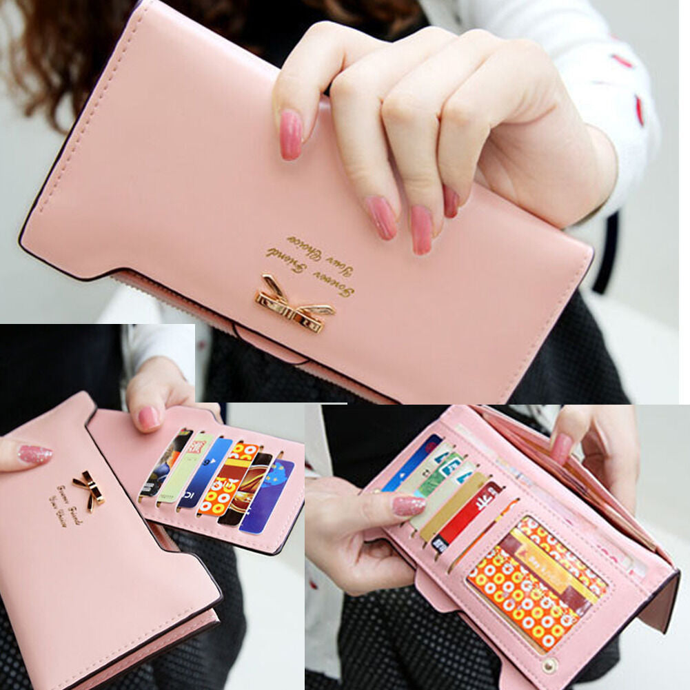 Women Long Leather Thin Wallet Cute Bow Purse Multi ID Credit Card Holder Gift